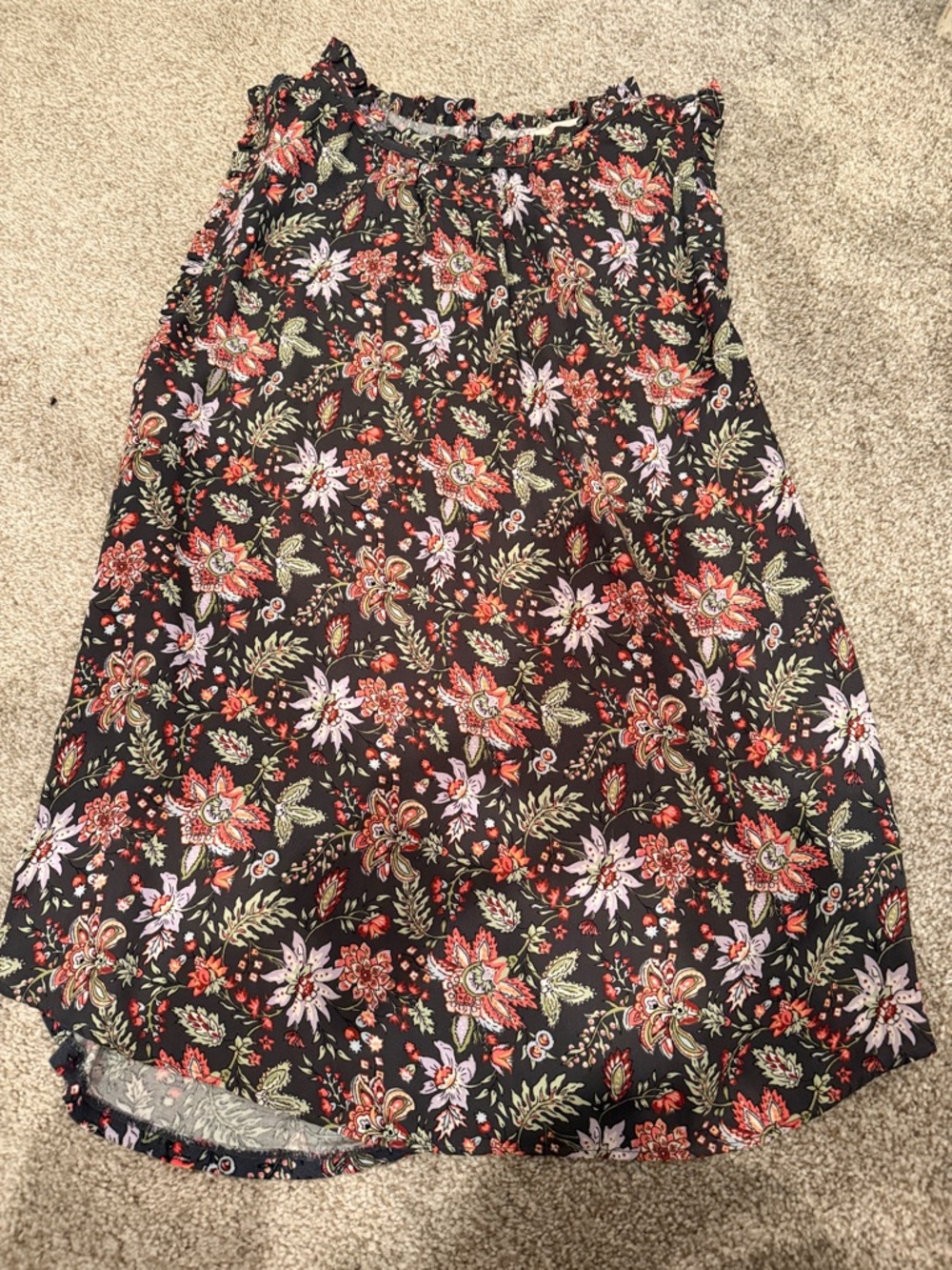 LOFT Black Floral Ruffle-Neck Sleeveless Blouse